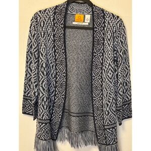 Ruby Rd Phyllis Craft Navy Blue White Geometric Fringe Open Front Cardigan M